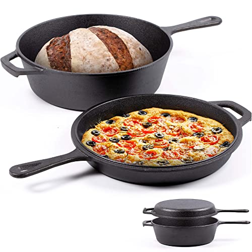 Olla de hierro fundido 26CM quemada compatible con inducción - Asador 2 en 1 de hierro fundido 3,0 L con sartén 1,5L - olla de hierro fundido para hornear pan - olla para asar con doble función - Nero