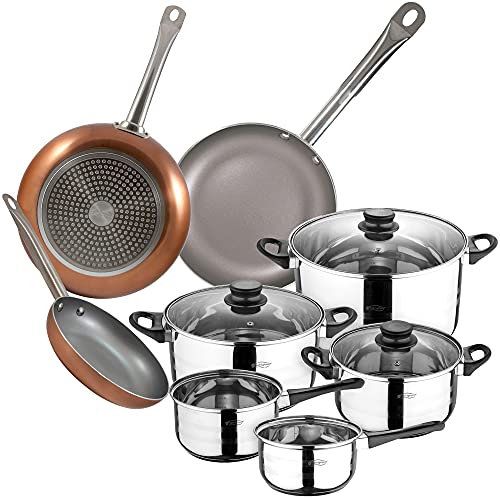 San Ignacio Bateria de cocina 8 piezas en acero inoxidable, con juego de sartenes (18,22 y 26 cm) en aluminio prensado, inducción, PK3159