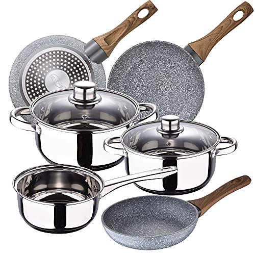 Juego de cocina SAN IGNACIO Cassel, de acero inoxidable con juego de sartenes, SAN IGNACIO Daimiel en aluminio forjado, 5 piezas de batería más 22/24/26 cm