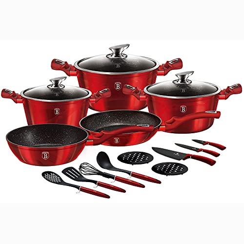 B BERLINGER HAUS BERLINGERHAUS PROFESSIONAL PRECISION Burgundy Batería Cocina Inducción, Mármol sin PFOA, Set 3 Cazuelas 3 Tapas Cristal 2 Sartenes 3 Cuchillos 4 Utensilios 2 Salvamanteles, Rojo