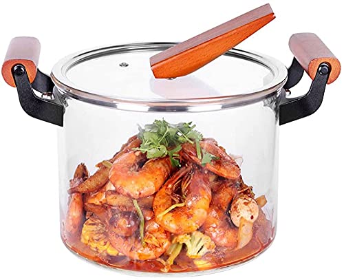 Olla de Vidrio Transparente de 5L, Olla de Vidrio Transparente Resistente al Calor de Alto borosilicato con Mango de Madera para Cocina de Gas, congelador, microondas y Horno