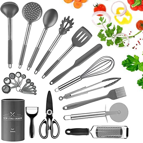 Raincol Juego de utensilios de cocina silicona utensilios de cocina, mango de silicona de acero inoxidable SUS 304, juego de utensilios de cocina antiadherentes resistentes al calor (Gris)