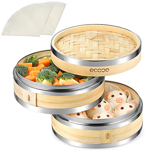 ecooe Vaporizador de bambú de 2 niveles con borde reforzado de acero inoxidable, inserto de vapor de 20 cm con 2 paños de algodón, para arroz, dim sum, verduras, pescado, carne, etc
