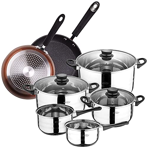 Bateria de cocina 8 piezas SAN IGNACIO en acero inoxidable, con juego de sartenes Premium (20 y 24 cm) en aluminio forjado, inducción