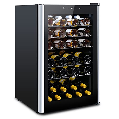 HCK Vinoteca, Nevera para Vinos 1 Zona de Refrigeración, 48 Botellas, 115 L, 4-22°C, Pequeña Nevera de 85 cm de Altura Con Panel Táctil, Nevera Silenciosa con Puerta de Vidrio, Negro