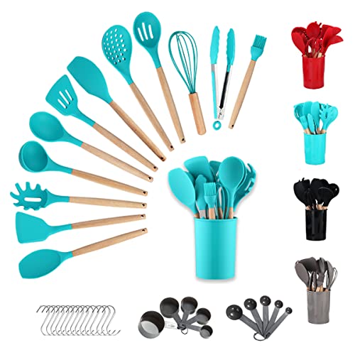 Berglander Juego de Utensilios de Cocina de Silicona 38 Piezas con Mango de Madera Herramientas con Ganchos Multiusos y Soporte para Utensilios (Azul)