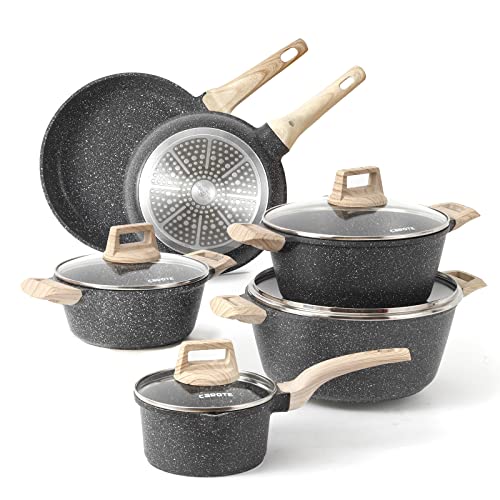 CAROTE Juego Sartenes Antiadherentes, 24/28cm Sartén Induccion, Ollas Cocina 2,3L/4L/6,3L, Cacerola 1,5L, Bateria de Cocina Inducción con Tapa Apto Todo Tipo de Cocinas