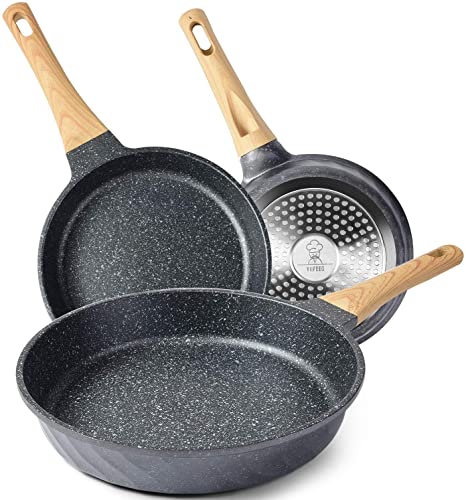 ilimiti Antiadherente Juego de sartenes Inducción Juego de sartenes con mango resistente al calor Granito Sartén para tortillas sin PFOA Mármol Batería de cocina para varias estufas 20cm 24cm 28cm