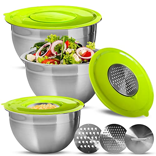 XSQUO Useful Tech Set de 3 Boles de Acero Multi-función con Tapa hermética y Tres Discos ralladores de Acero Inoxidable. Gourmet Tools