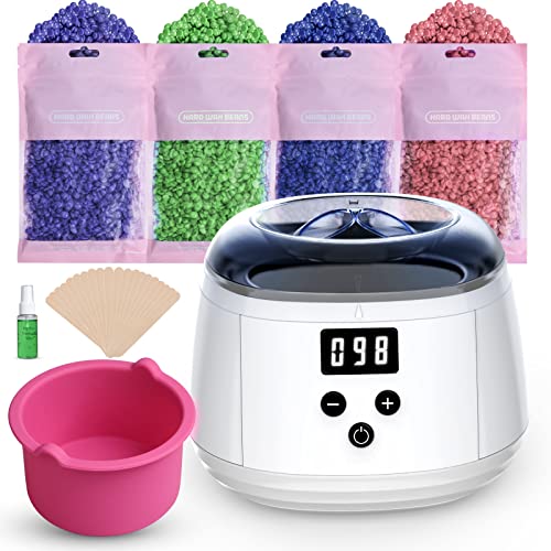 Calentador de Cera Eléctrico Urbuti Kit de Depilación de Cera Profesional Calentador de Cera Depilatoria 4 Paquetes Granos de Cera 10 Palillos Madera para Cara Brazos Axilas Piernas Bikini