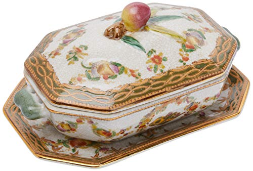 BETTER & BEST Q B&B Q BETTER & BEST P Sopera de cerámica Jockey, Octogonal, con Asas de Bronce, con Tapa y Plato, Decorada con Motivos Vegetales y frutales, Medidas 20x13x10 cm