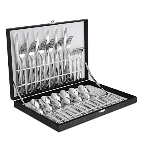 Velaze Juego de Cubiertos Set 30 Piezas de Acero Inoxidable 18/10 Vajilla para 6 Personas, 6 Cuchillo de Mesa, 6 Tenedor, 6 Cuchara, 6 Tenedor Postre, 6 Cucharas de té - Plata (A30)