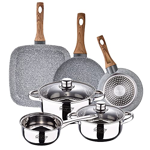 San Ignacio batería 5 Piezas + Set 2 sartenes 28x28, Acero Inoxidable, Cromado, Pack + Asador + 18/20 cms