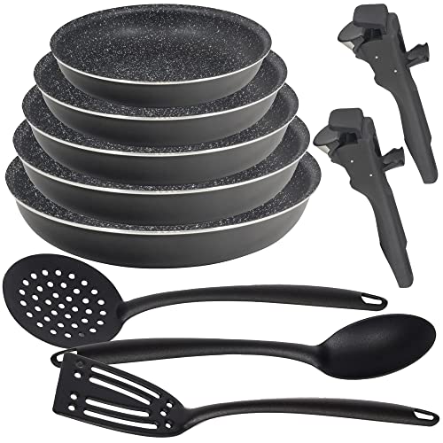 Set de 5 cuerpos de sartenes INCLUYE desmontables e intercambiables Click&Cook,en aluminio prensado,aptas para inducción + juego de 3 prácticos utensilios de cocina, 20/22/24/26/28+mango+3utensilios