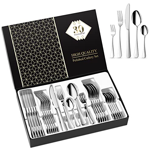 Aoeeppa Juego de Cubiertos Acero Inoxidable 30 Piezas, Cubertería de Mesa para 6 Personas, Pulido Espejo, Set Cubiertos con Cuchillo, Tenedor, Cuchara, Cucharilla, Tenedor Postre (Plata)