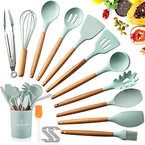 SaiXuan Utensilios Cocina de Silicona, Antiadherente con Mango de Madera,No Tóxicas Resistentes Al Calor, 12 Piezas+12 S Ganchos