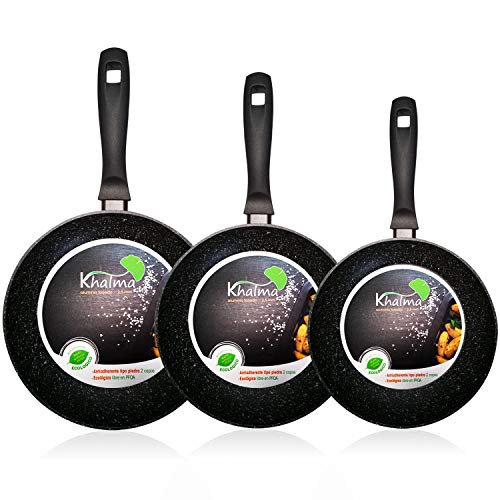 WECOOK Khalma Set Juego 3 Sartenes inducción 18-22-24cm Honda Aluminio, Antiadherente Piedra ecológico sin PFOA, Apta Todas Las cocinas, vitroceramica, Gas, lavavajillas, 18-22-24 cm