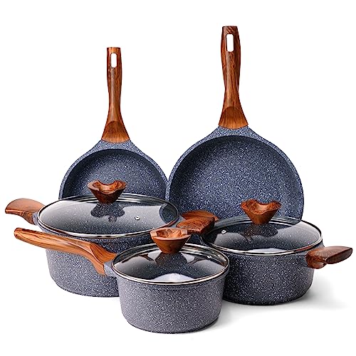 La Moustache - Batería de Cocina de 8 Piezas Antiadherentes, Aluminio con Capas de Titanio, 3 Ollas con 3 Tapas de Vidrio Templado y 2 Sartenes para Todas las Cocinas, Incluso Inducción (Amalfi)