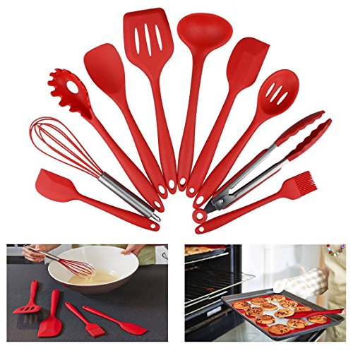 Itian Utensilios de Cocina, Utensilios de Cocina de Silicona Refractarios, 10 Artículos-Tenazas, Bata, Cepillo, 2 * Espátula,Espumadera, Cuchara de Pasta, el Arroz de paddle, Espátula Ranurada, Sopa