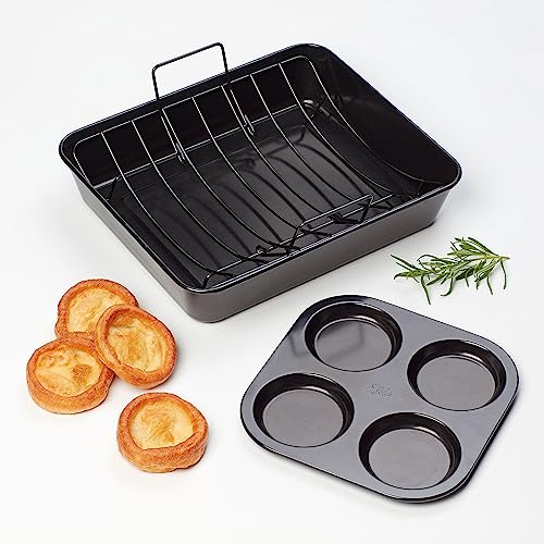 Tala Asador de alto rendimiento extra grande con estante y sartén grande Yorkshire, calibre profesional de acero al carbono con revestimiento antiadherente Whitford Eclipse, cocinar y asar
