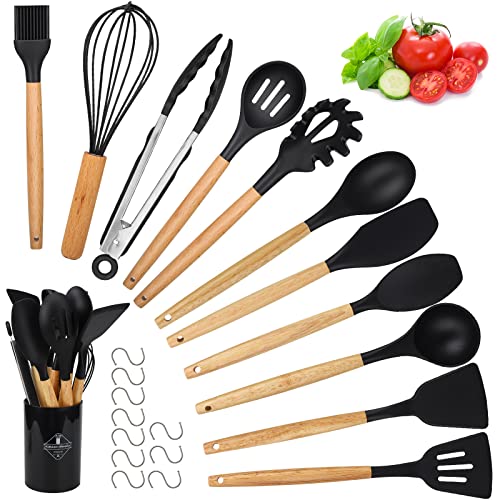 Utensilios de Cocina, 22 piezas Utensilios de Cocina de Silicona utensilios Set Resistente al Calor sin BPA Con mango de madera - 10 Ganchos en Forma de 