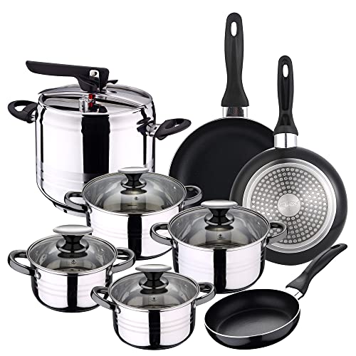 San Ignacio PRESIÓN 7L Duna Cocina 8 Piezas SIP + Set 3 SARTENES CUNE, Negro, 16/20/24 + Bateria 8pzs + Olla Express