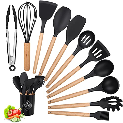 Juego Utensilios Cocina silicona, 12PCS Set Utensilios de Cocina Accesorios sin BPA, Herramientas Antiadherentes Resistentes al Calor con Mango de Madera, Menaje de Cocina con Cuchara/Espátulas/Pinza