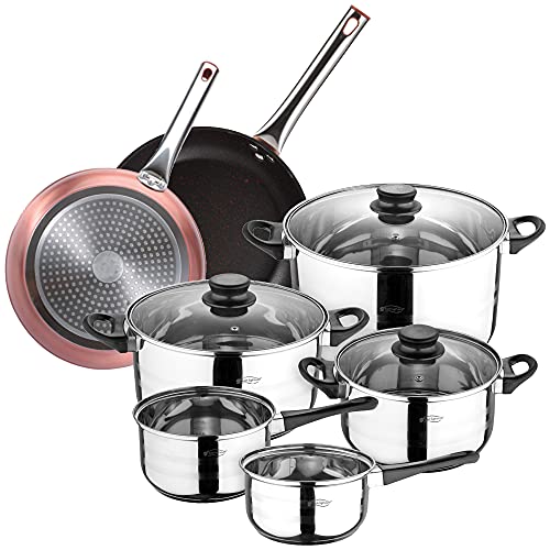San Ignacio Bateria de cocina 8 piezas en acero inoxidable, con juego de sartenes (20 y 24 cm) en aluminio forjado, inducción, PK3155
