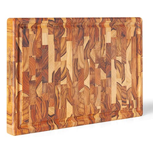 Erreke Tabla de Cortar en Madera Teca Natural End Grain Grosor 3.2cm, Piezas Únicas, Cocina o Barbacoa, Servir Carne Queso Pan, 44x29cm (ranura para jugos)