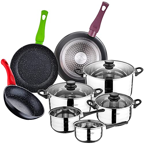 San Ignacio PK3161 Bateria de Cocina 8 Piezas Acero Inoxidable, con Juego de sartenes (18,22 y 26 cm) en Aluminio prensado, inducción, Forjado, Rojo/Morado/Verde