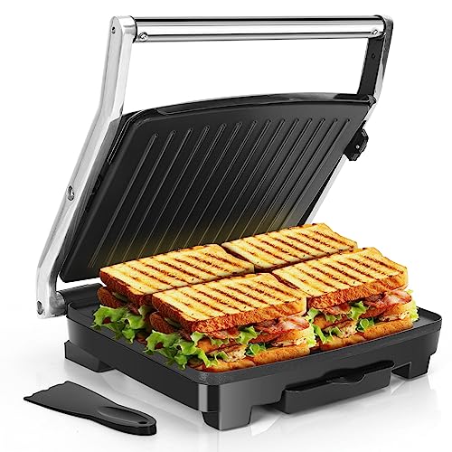 Aigostar Parrilla Eléctrica, Grill, Sandwichera y Máquina de Panini, Revestimiento Antiadherente, Temperatura Regulable, Placa Superior Flotante, Superficie Amplia 29 x 23 cm, 2000W, Espátula