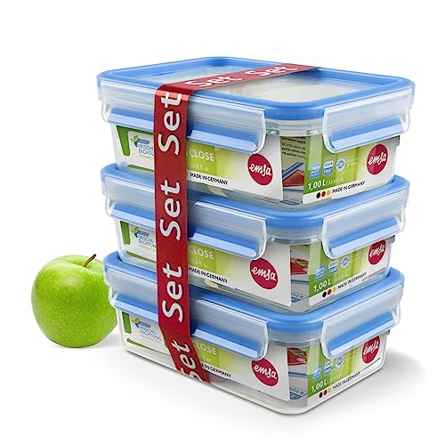 Emsa Clip&Close - Set de 3 Conservadores Herméticos de Plástico Rectangular de 1 L (18.8 x 5.8 x 11.9 cm), higiénico, no retiene olores ni sabores 100% libre de BPA, Color Transparente Y Azul