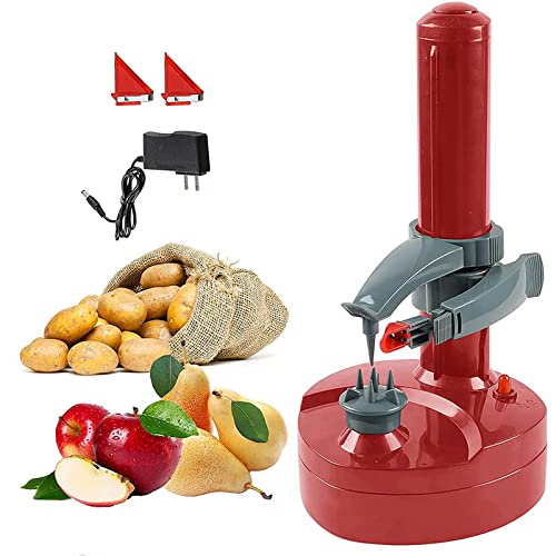 Pelador Eléctrico, Pelador de Fruta Electrico, Pelador de Verduras Aplicar a Verduras Automática, Patatas Manzanas Redondas, Peladora eléctrica con 2 Cuchillas Reemplazable, fácil de limpiar (rojo)