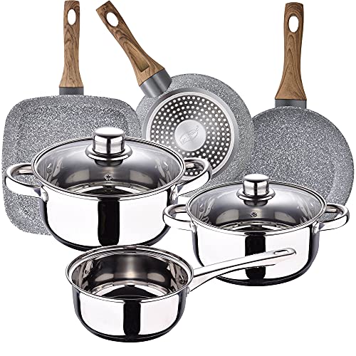 Bateria de cocina SAN IGNACIO Cassel, acero inoxidable, con juego sartenes (18/22 cm) y grill 28x28 cm SAN IGNACIO Daimiel en aluminio forjado