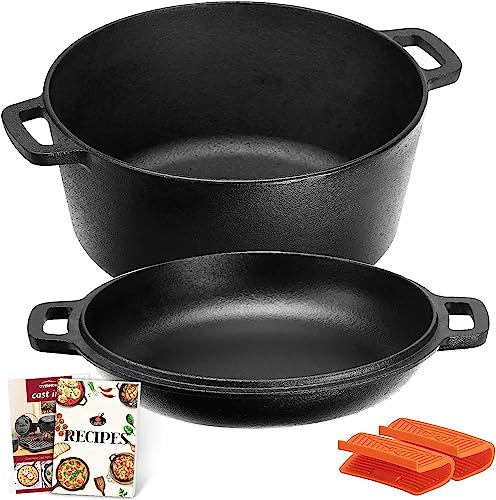 Overmont Olla Holandesa Cacerola de Hierro Fundido Tapa de Doble Función Sartén Plancha Pre Sazonado con Cubiertas de Manijas para Camping Cocina Casera Barbacoa con Receta de Libro Electrónico