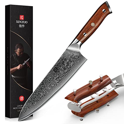 XINZUO Cuchillo Chef 21cm, Acero Damasco Cuchillo de Cocinero Profesional Full Tang Cuchillo de Cocinero Cuchillo para Verduras con Ergonómico Mango de Madera de Rosa- Yu Serie