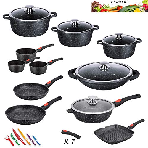 Kamberg Batería de Cocina 27 Piezas, aluminio fundido, revestimiento piedra, todo tipo de fuentes de calor, incluida la inducción, mango extraíble, sin PFOA, negro