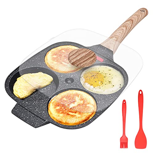 Bobikuke Sartén Tortitas, Sartén Huevos Poche de 4 Agujeros con Tapa, Antiadherente de Aluminio para Desayuno Huevos Fritos Hamburguesas Panqueques, Para Estufas de Gas y Cocinas de Inducción