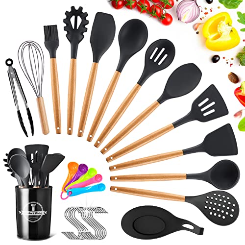 TOPSEAS Utensilios Cocina de Silicona,Utensilios de Cocina,14 Piezas Juego de Utensilios de Cocina,Antiadherente con Mango de Madera,espátula,Cuchara,cucharón,5 cucharas de medir y Ganchos