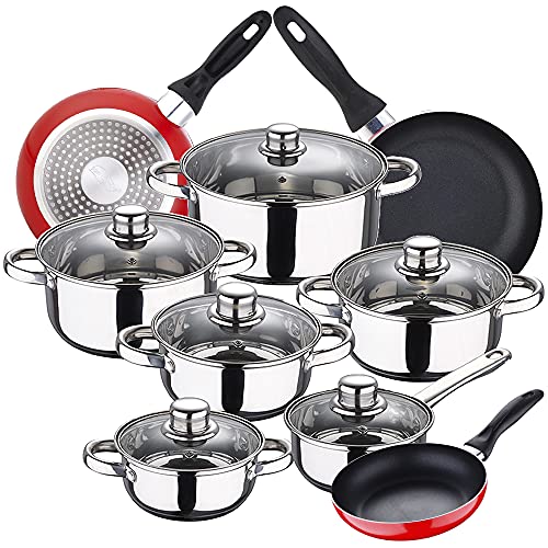 Bateria de cocina 12 piezas SAN IGNACIO Cassel, acero inoxidable, con juego sartenes (16/20/24 cm) SAN IGNACIO Navy Red en aluminio prensado