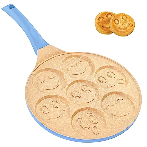 Erreke Sartén para Tortitas, Frigideira Panquecas, Todo Tipo de Cocinas e Inducción, Molde 7 Tortitas Antiadherente, Diseño Caritas, Mango Tacto Suave, Infantil y Divertido, Tamaño 26 cm, Color Azul
