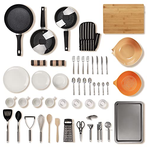 Noah Kit de Cocina con Más de 60 Artículos con Juego de Vajilla para 4 Personas - Includye Ollas y Sartenes Antiadherentes, Utensilios de Cocina, Cubiertos, Vajilla, Cuencos para Mezclar