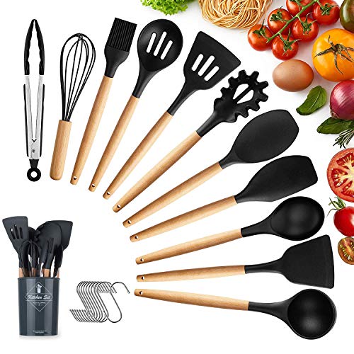 Utensilios Cocina de Silicona,KagoLing Juego de Utensilios de Cocina Resistentes al Calor y Antiadherentes con Mango de Madera 12 Piezas+10 S Ganchos para Utensilios (Negro)