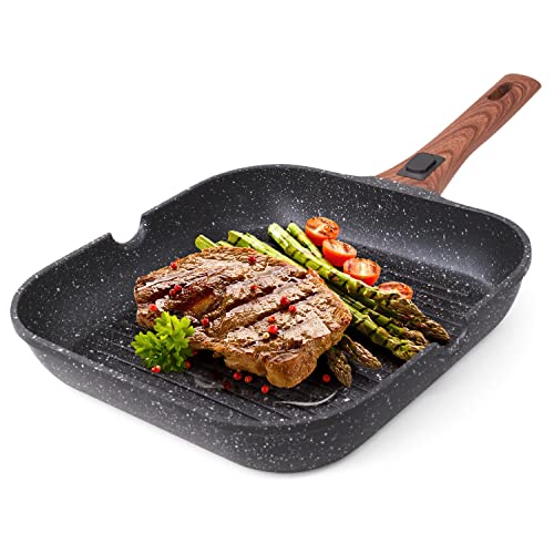 Joejis sarten plancha de 28cm de inducción de aluminio antiadherente con mango desmontable sarten parrilla apta para horno de inducción eléctrica y cocina de gas cocine platos bajos en grasa