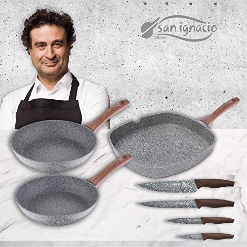 San Ignacio PK2050 Granito set 3 sartenes 24/26 + plancha 28x28 cms + 4 cuchillos, Aluminio forjado