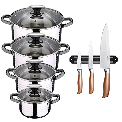 San Ignacio Bateria de cocina 8 piezas apta para induccion Hita en acero inoxidable con set de 3 cuchillos en acero inoxidable con barra magnetica aptas para induccion, PK3223