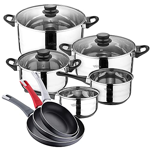 Bateria de cocina 8 piezas SAN IGNACIO Toledo, acero inoxidable, con juego sartenes (18/20/24 cm) PIERRE CARDIN de aluminio prensado