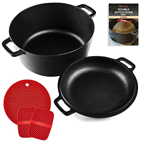 Uno Casa Olla holandesa de hierro fundido con tapa - Juego de cocina 2 en 1 presazonado con olla de 4,7 litros y sartén de 1,5 litros