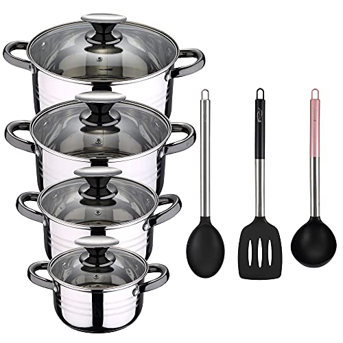 Bateria de cocina 8 piezas apta para induccion SAN IGNACIO Hita en acero inoxidable con set de 3 utensilios de cocina en nylon
