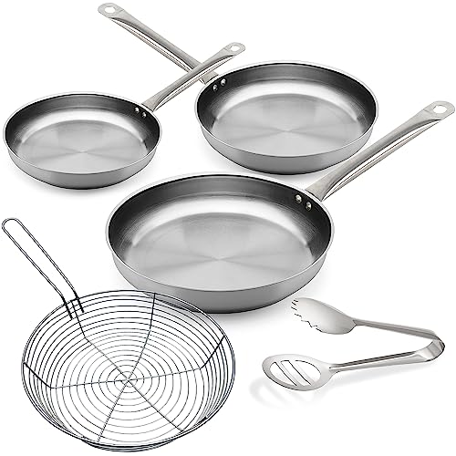 ALZA ® Chef Inox set de sartenes sin antiadherente, 18 + 22 + 26 cm, fabricadas en acero inoxidable, incluyen pinza de emplatado y cestillo para freír, sin recubrimientos, ecológica, libre de PFOA